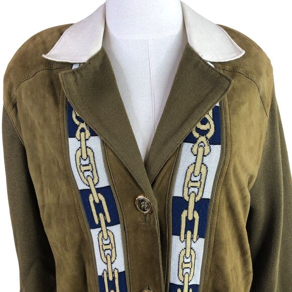 Torras Spain Vintage 80s Jacket Green Suede Gold Navy Knit Chain Link - Picture 10 of 14